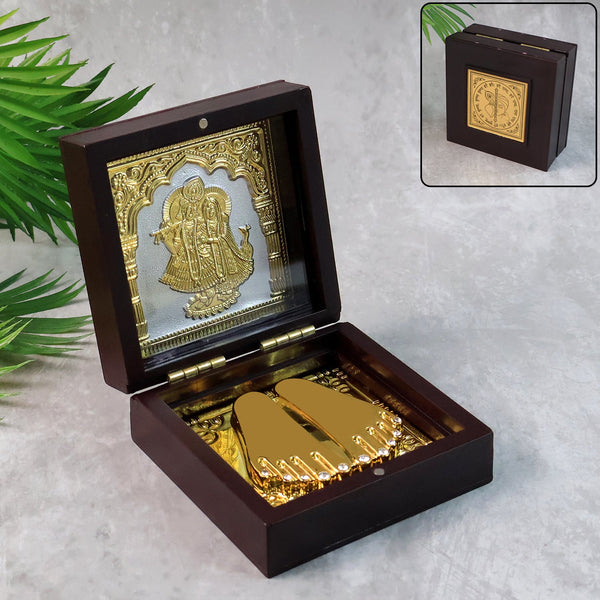 Golden Charan Paduka in Wooden Box – Spiritual Gift & Pooja Accessory